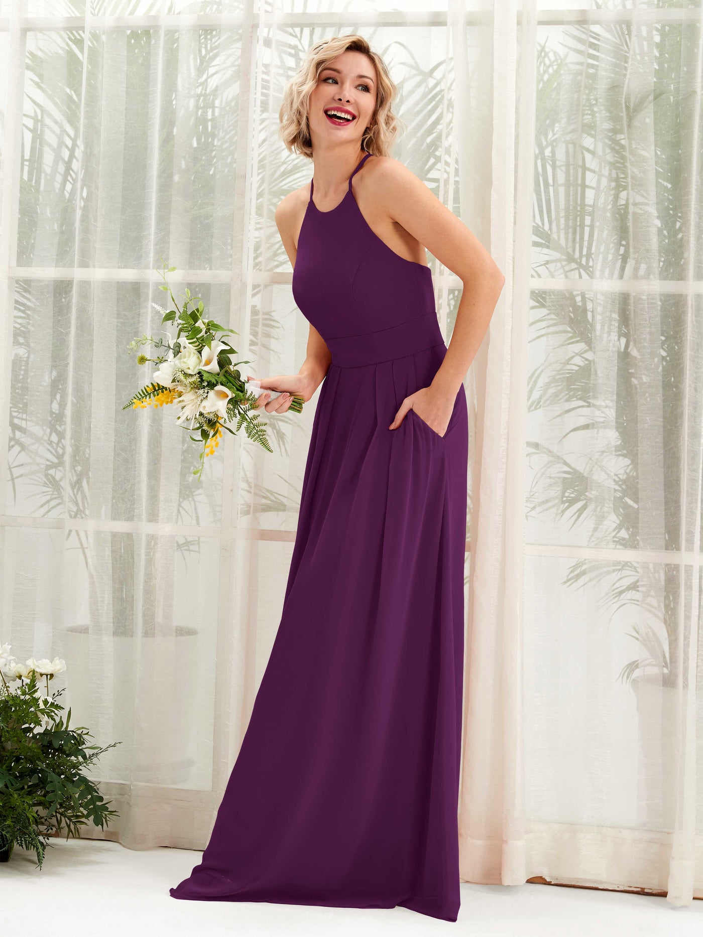 A-line Ball Gown Halter Spaghetti-straps Sleeveless Bridesmaid Dress - Grape (81225231)#color_grape
