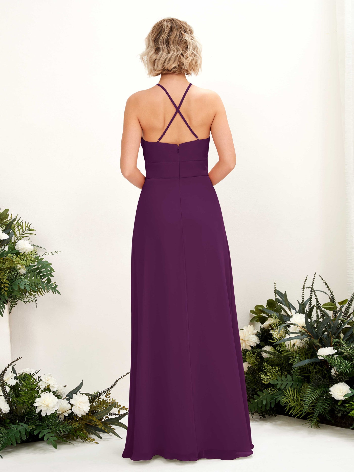 A-line Ball Gown Halter Spaghetti-straps Sleeveless Bridesmaid Dress - Grape (81225231)#color_grape