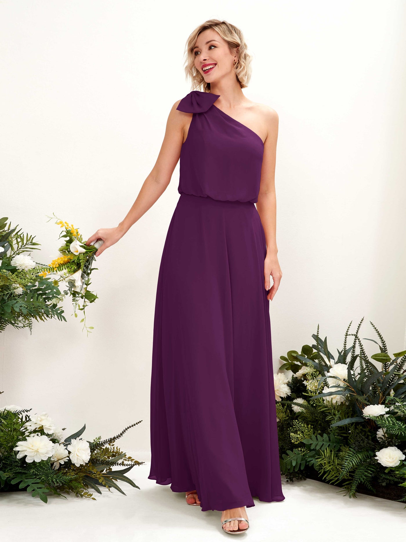 A-line One Shoulder Sleeveless Chiffon Bridesmaid Dress - Grape (81225531)#color_grape
