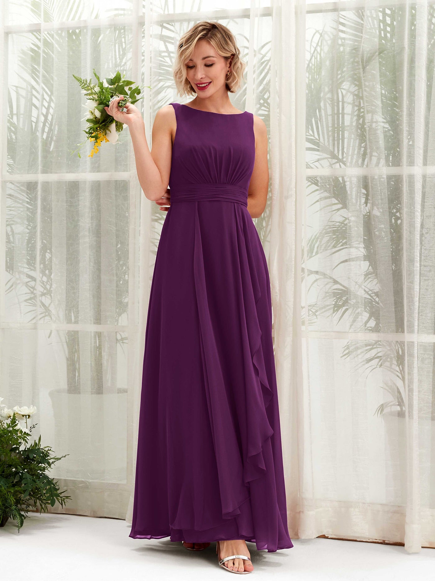 A-line Bateau Sleeveless Chiffon Bridesmaid Dress - Grape (81225831)#color_grape