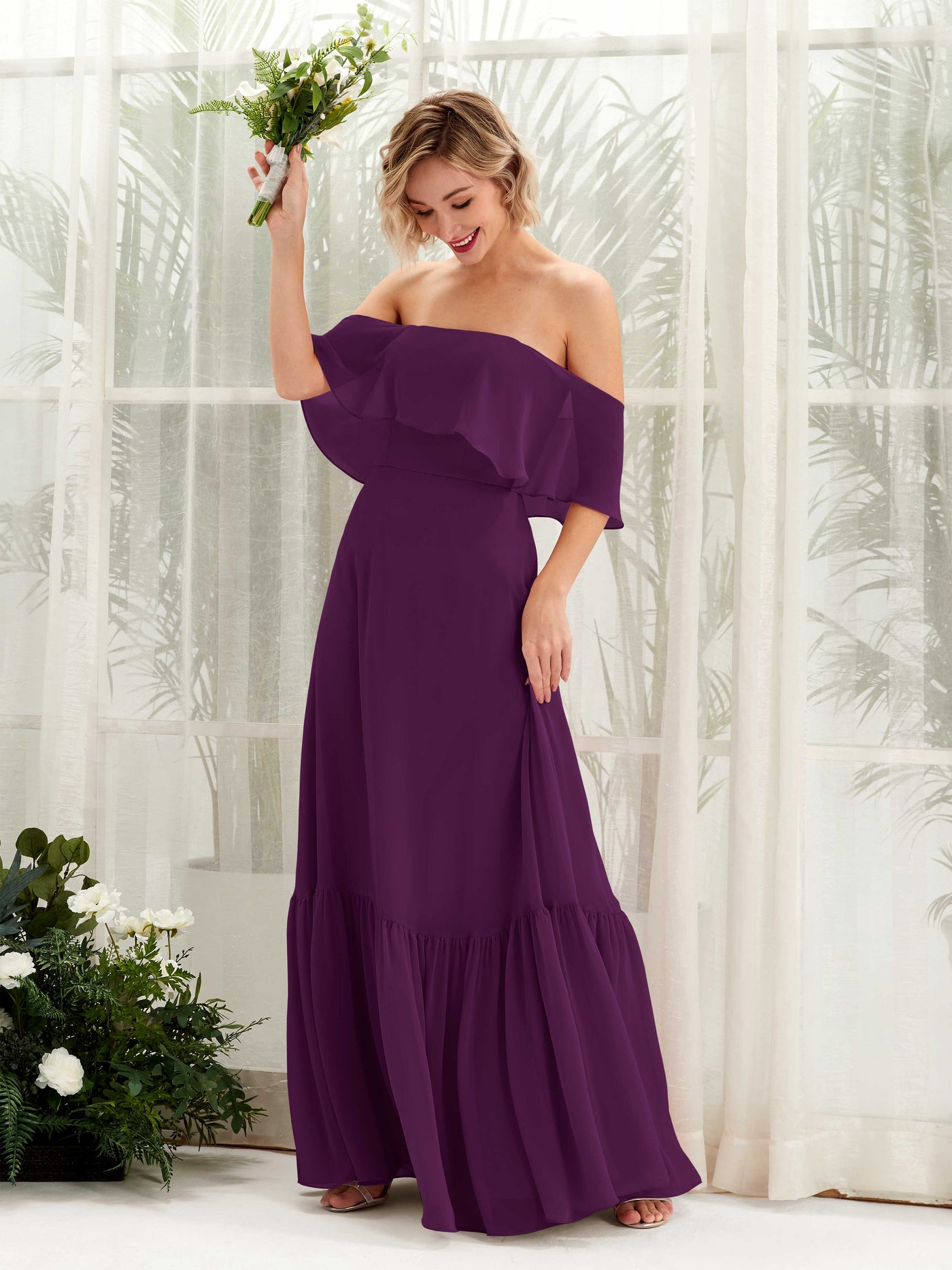A-line Off Shoulder Chiffon Bridesmaid Dress - Grape (81224531)#color_grape