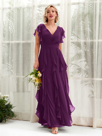 Carlyna Cynthia A-Line Grape Bridesmaid Dress Maxi Cap Sleeve V-Neck Dress Front View #color_grape