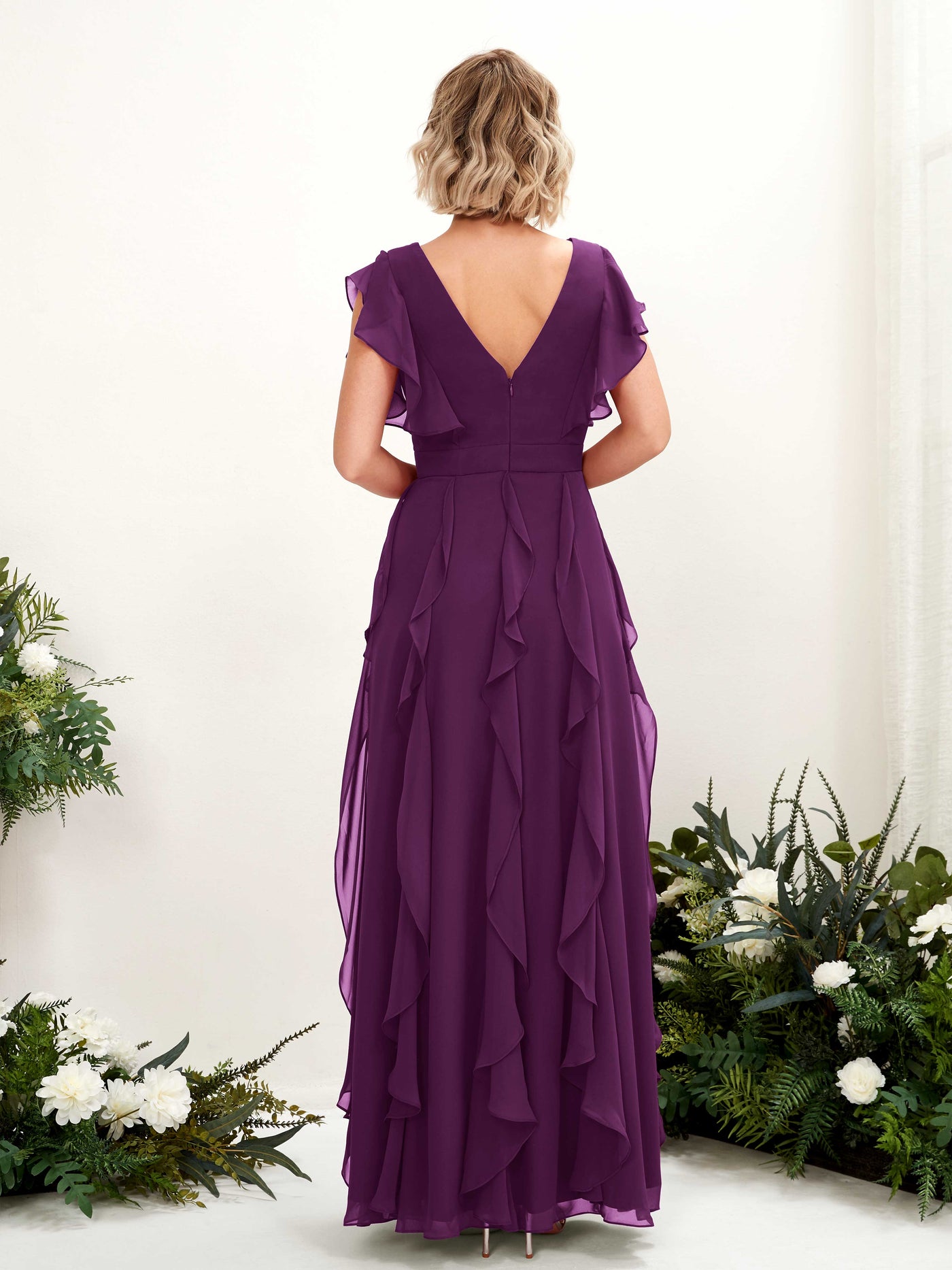 A-line V-neck Short Sleeves Chiffon Bridesmaid Dress - Grape (81226031)#color_grape