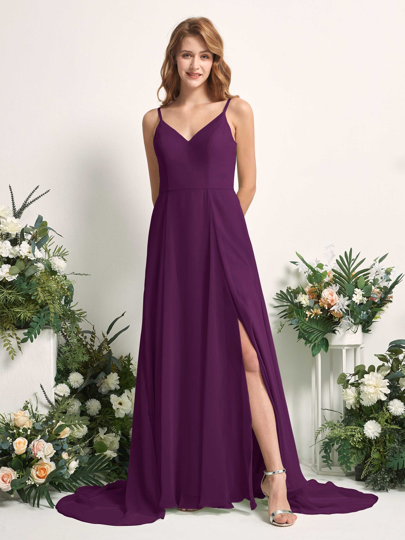 Bridesmaid Dress A-line Chiffon Spaghetti-straps Full Length Sleeveless Wedding Party Dress - Grape (81227731)#color_grape