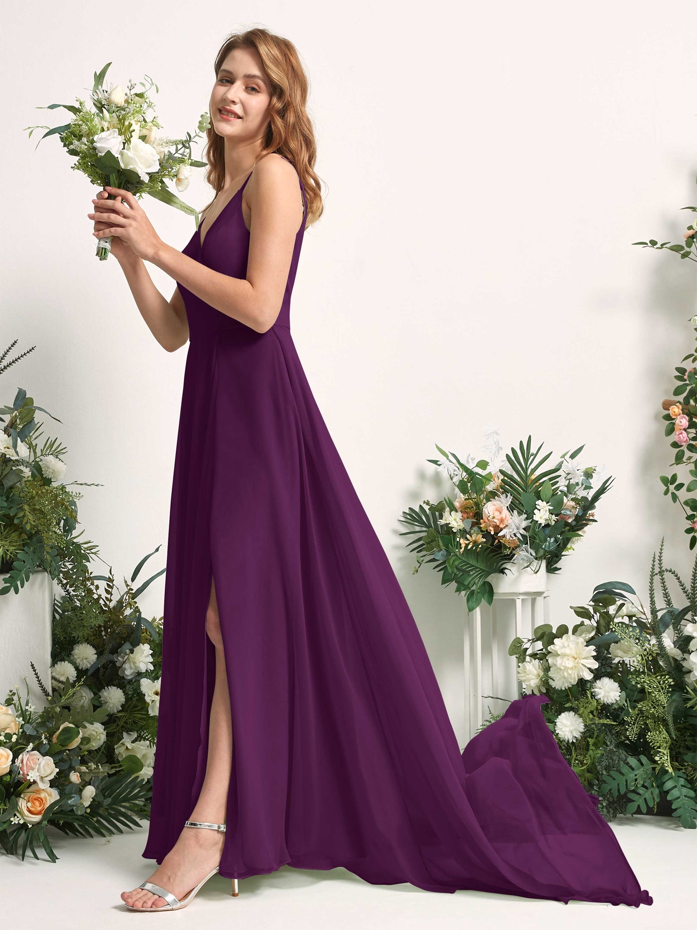 Bridesmaid Dress A-line Chiffon Spaghetti-straps Full Length Sleeveless Wedding Party Dress - Grape (81227731)#color_grape