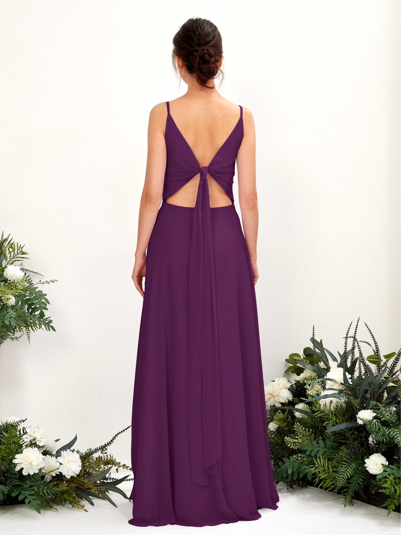 A-line Spaghetti-straps V-neck Sleeveless Chiffon Bridesmaid Dress - Grape (81220631)#color_grape