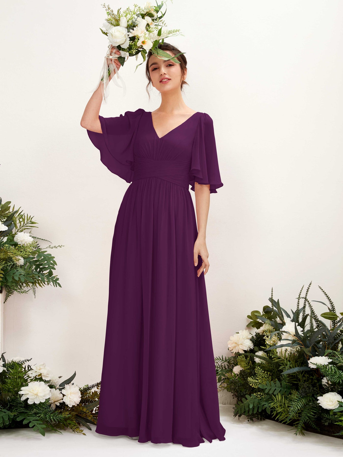 A-line V-neck 1/2 Sleeves Chiffon Bridesmaid Dress - Grape (81221631)#color_grape