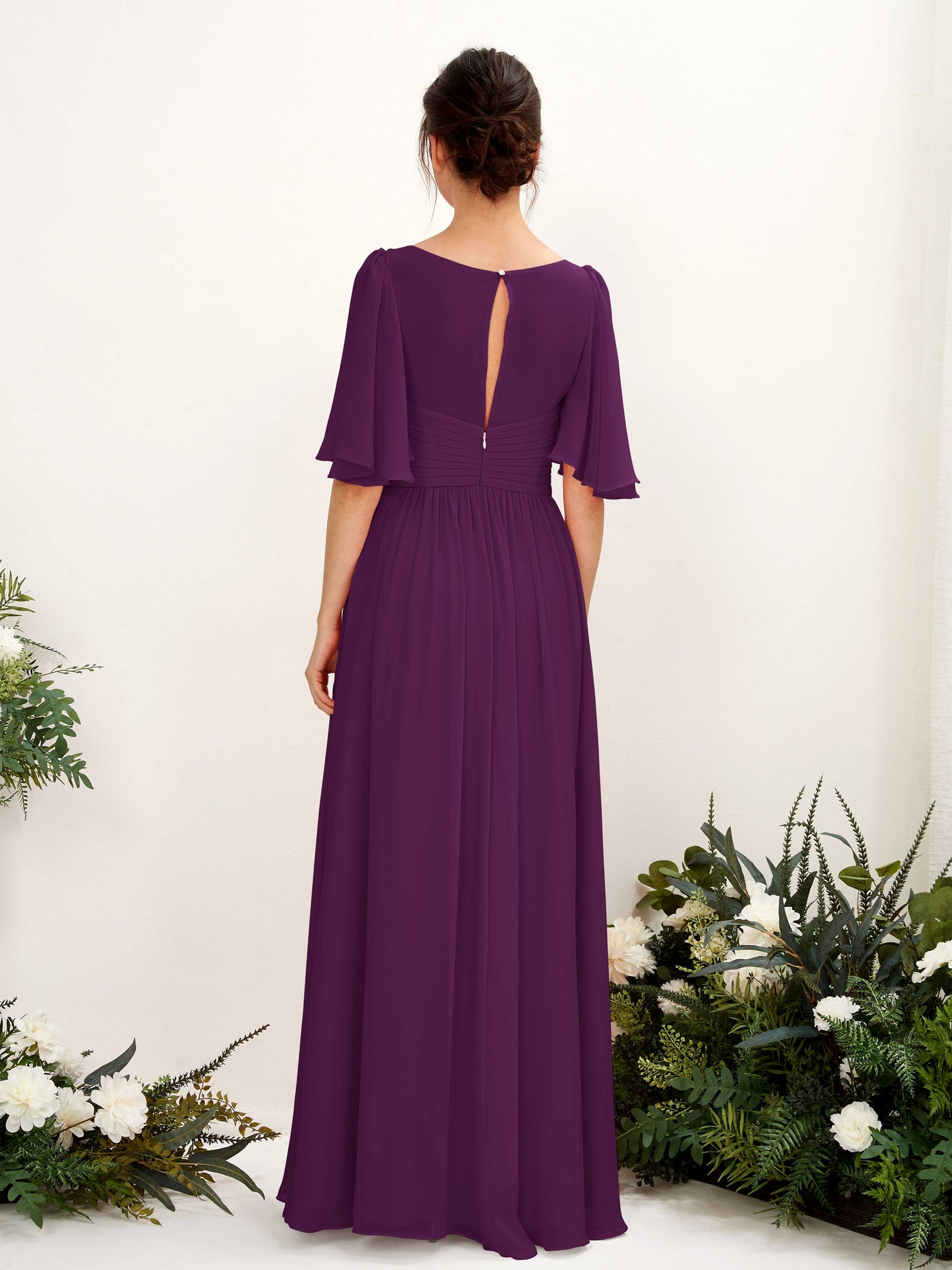 A-line V-neck 1/2 Sleeves Chiffon Bridesmaid Dress - Grape (81221631)#color_grape