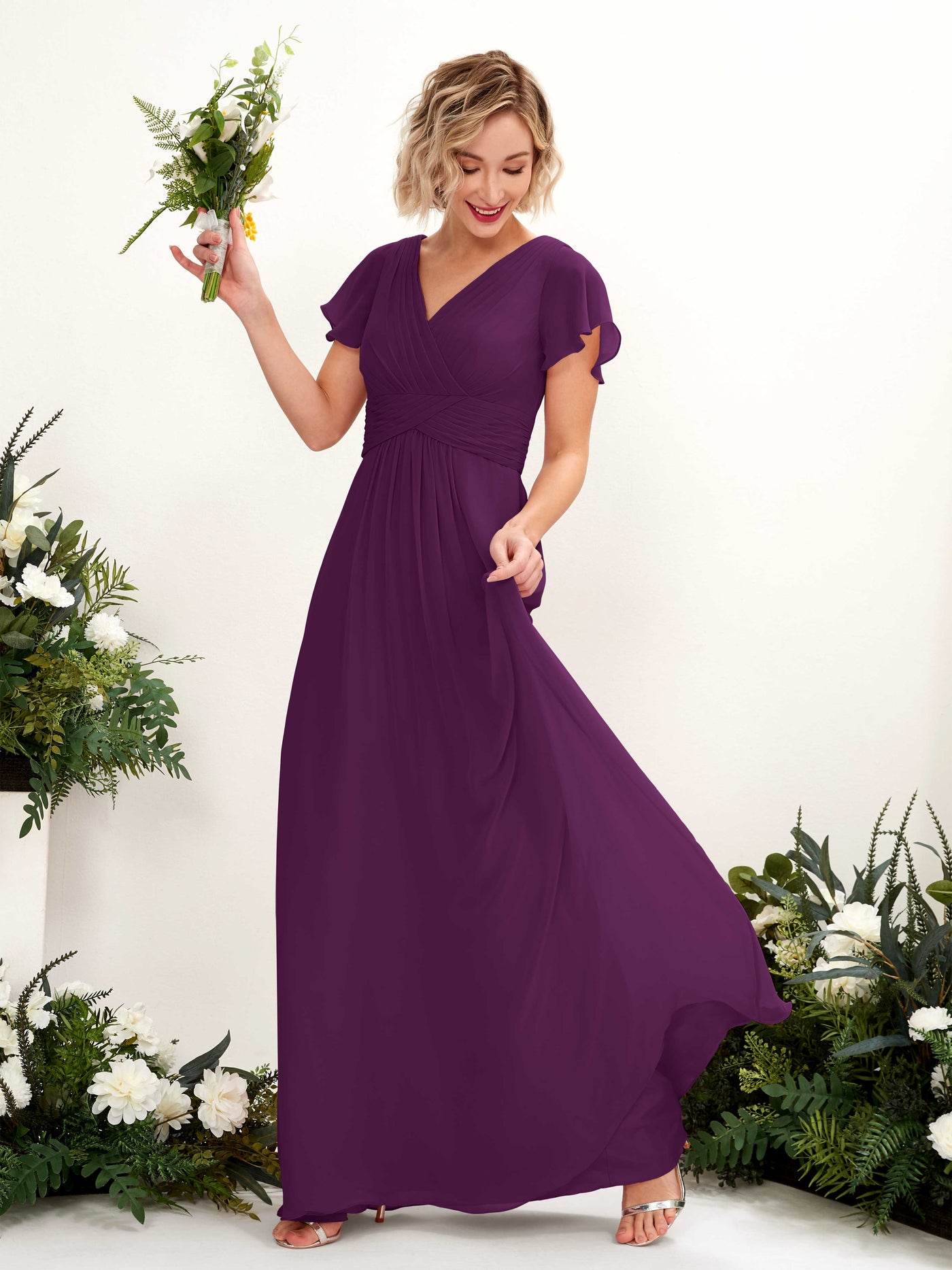 A-line V-neck Cap Sleeves Chiffon Bridesmaid Dress - Grape (81224331)#color_grape