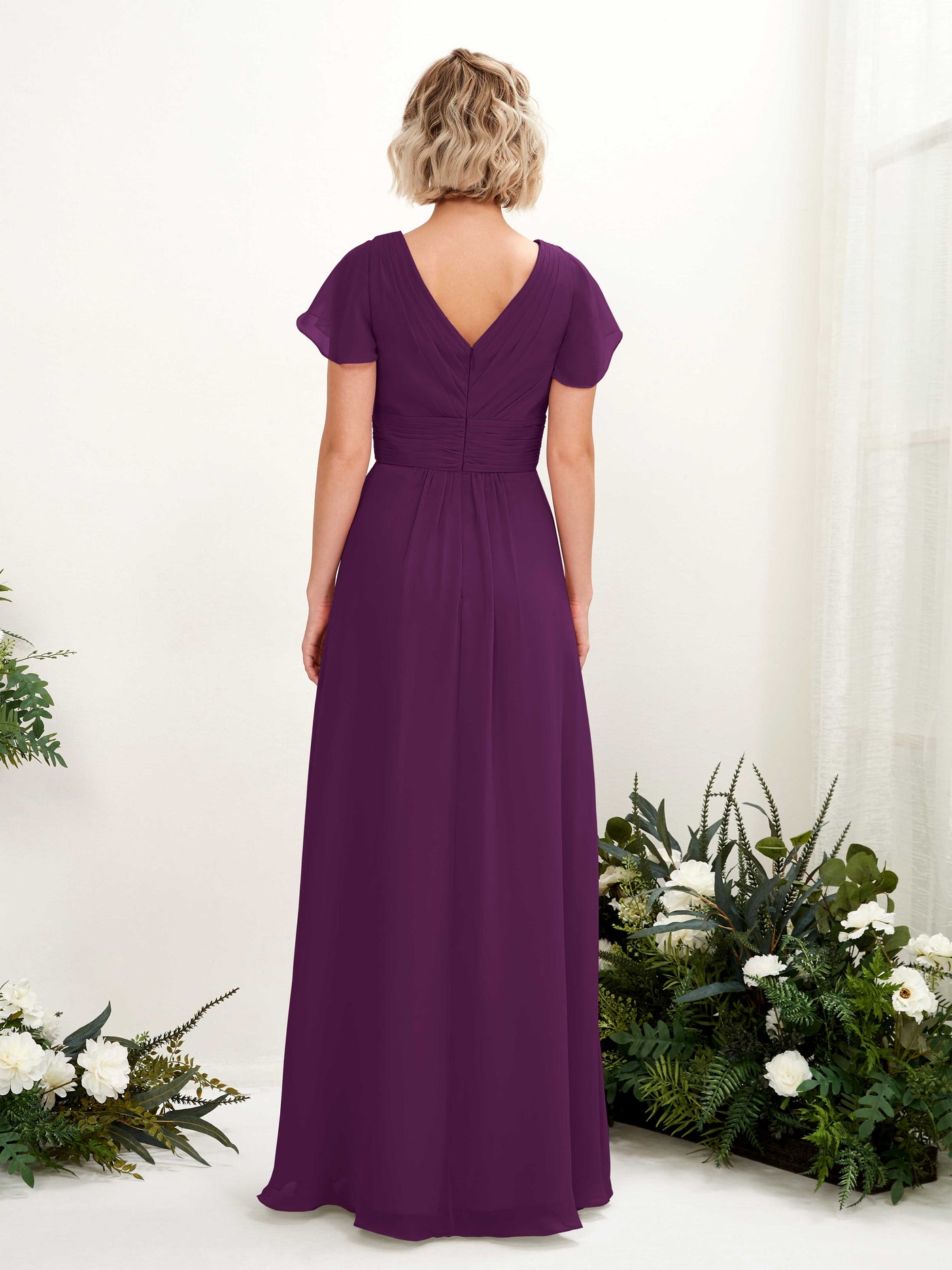 A-line V-neck Cap Sleeves Chiffon Bridesmaid Dress - Grape (81224331)#color_grape