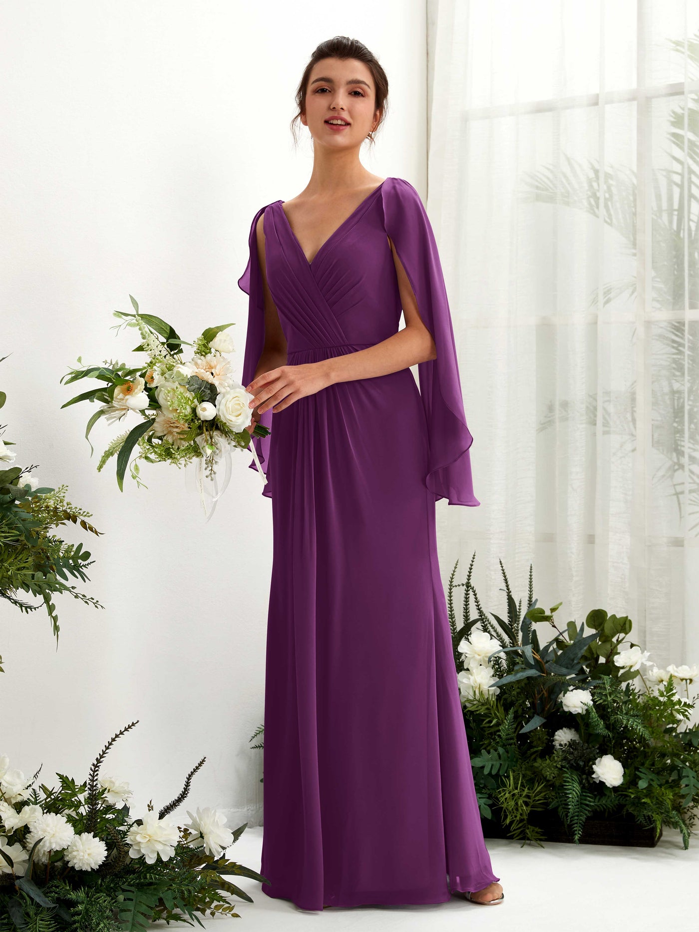 A-line V-neck Chiffon Bridesmaid Dress - Grape (80220131)#color_grape