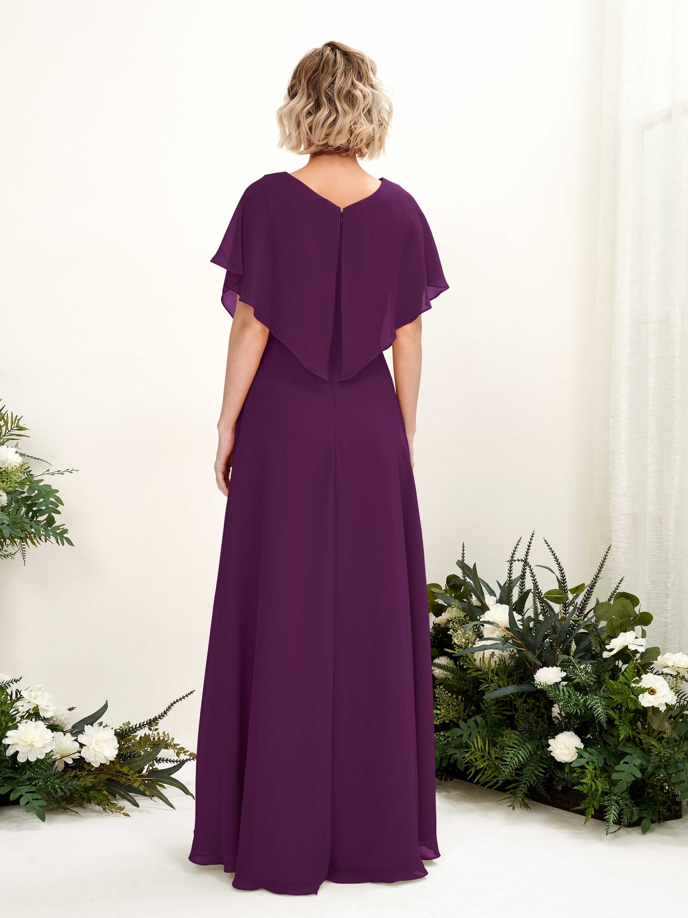 A-line V-neck Short Sleeves Chiffon Bridesmaid Dress - Grape (81222131)#color_grape