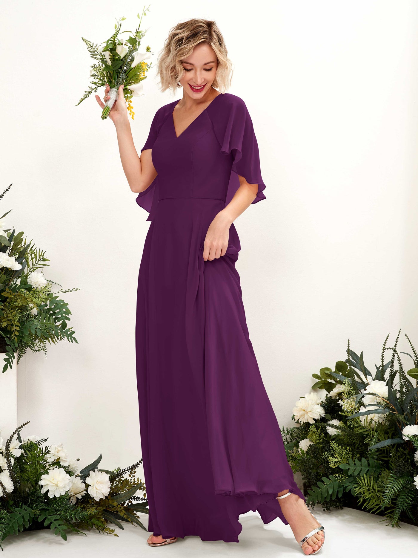 A-line V-neck Short Sleeves Chiffon Bridesmaid Dress - Grape (81224431)#color_grape