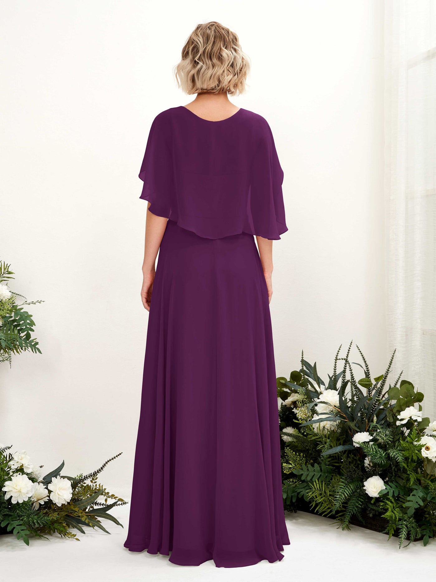 A-line V-neck Short Sleeves Chiffon Bridesmaid Dress - Grape (81224431)#color_grape