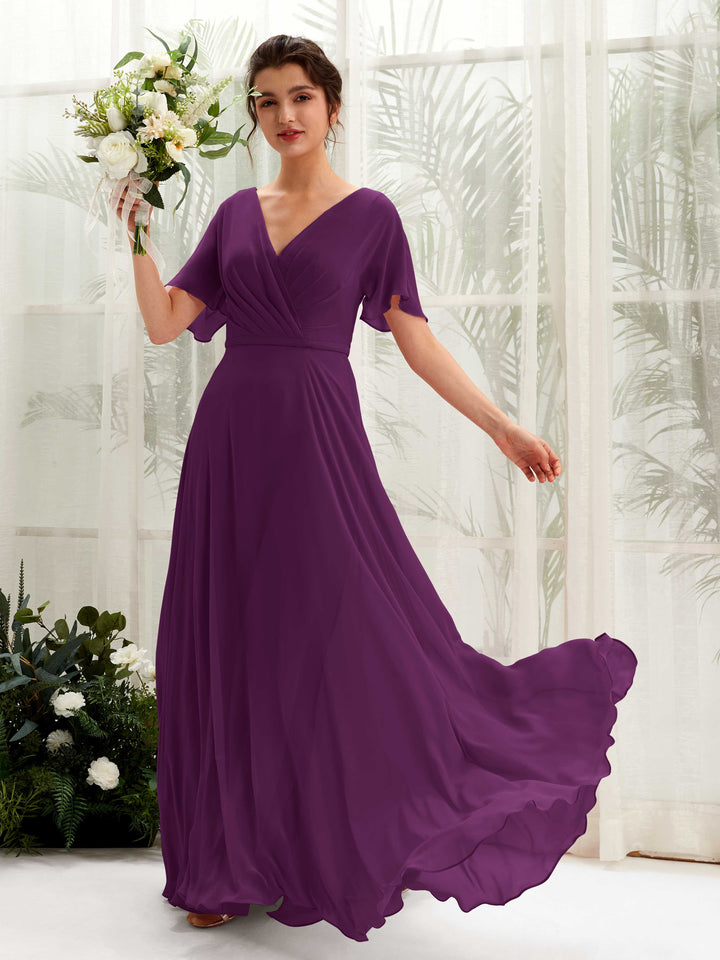 A-line V-neck Short Sleeves Chiffon Bridesmaid Dress - Grape (81224631)