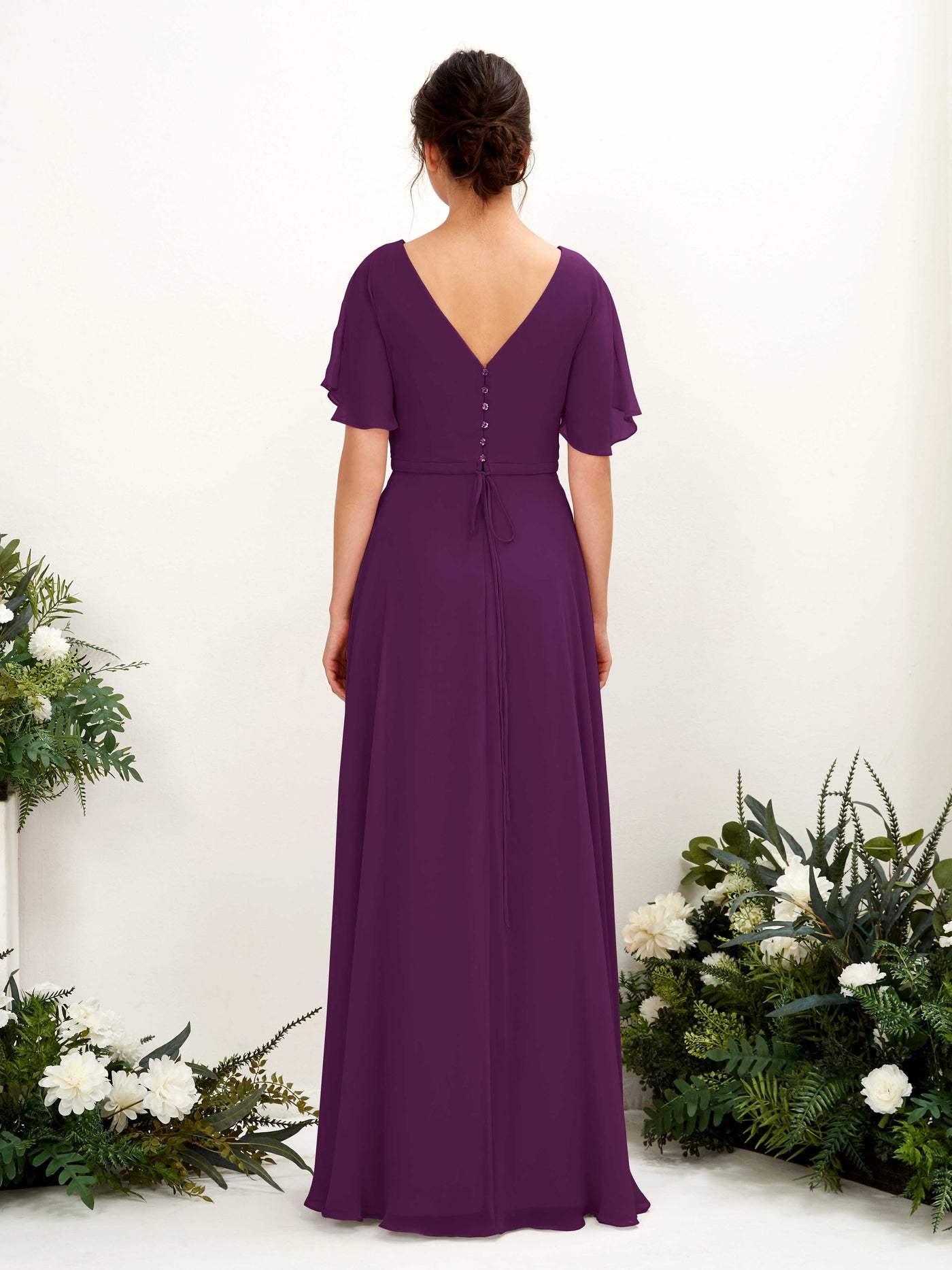 A-line V-neck Short Sleeves Chiffon Bridesmaid Dress - Grape (81224631)#color_grape