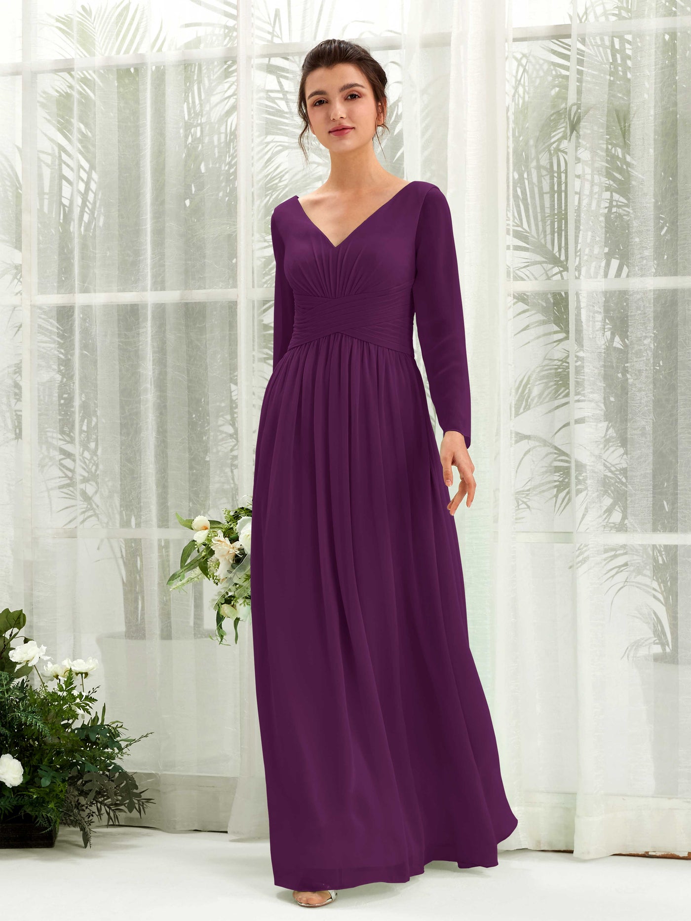 Ball Gown V-neck Long Sleeves Chiffon Bridesmaid Dress - Grape (81220331)#color_grape