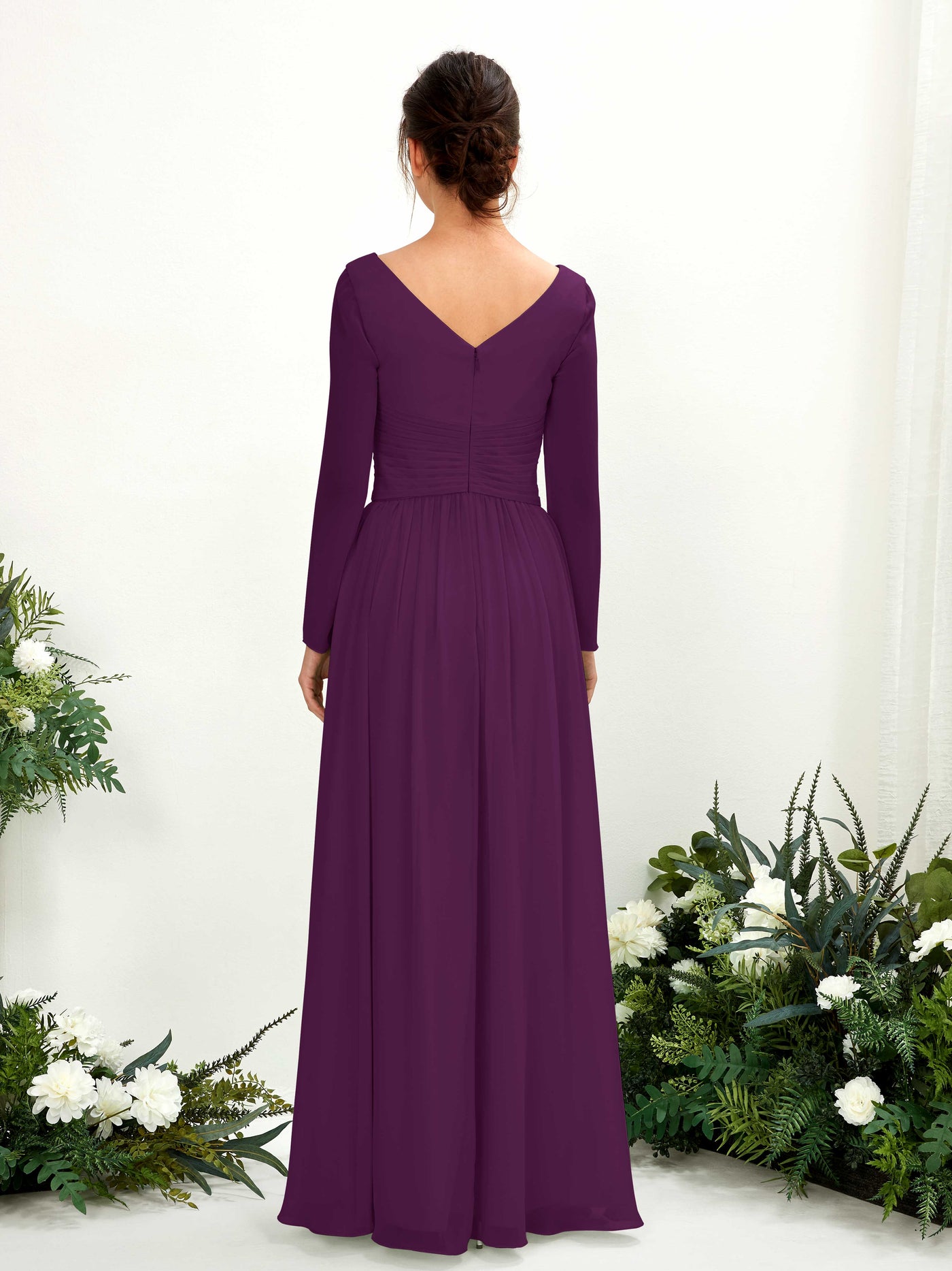 Ball Gown V-neck Long Sleeves Chiffon Bridesmaid Dress - Grape (81220331)#color_grape