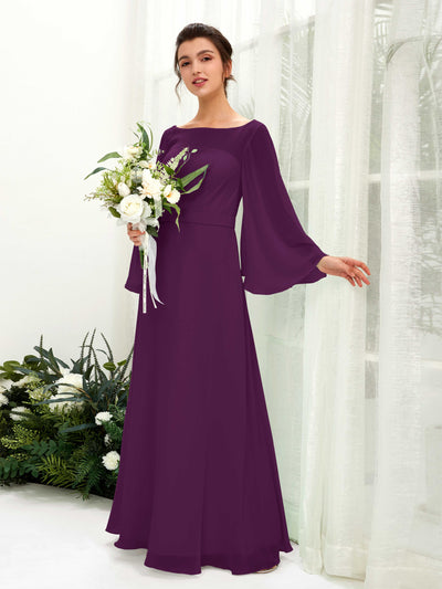 Carlyna Elie A-Line Grape Bridesmaid Dress Maxi Long Sleeve Boat Neck Front View #color_grape