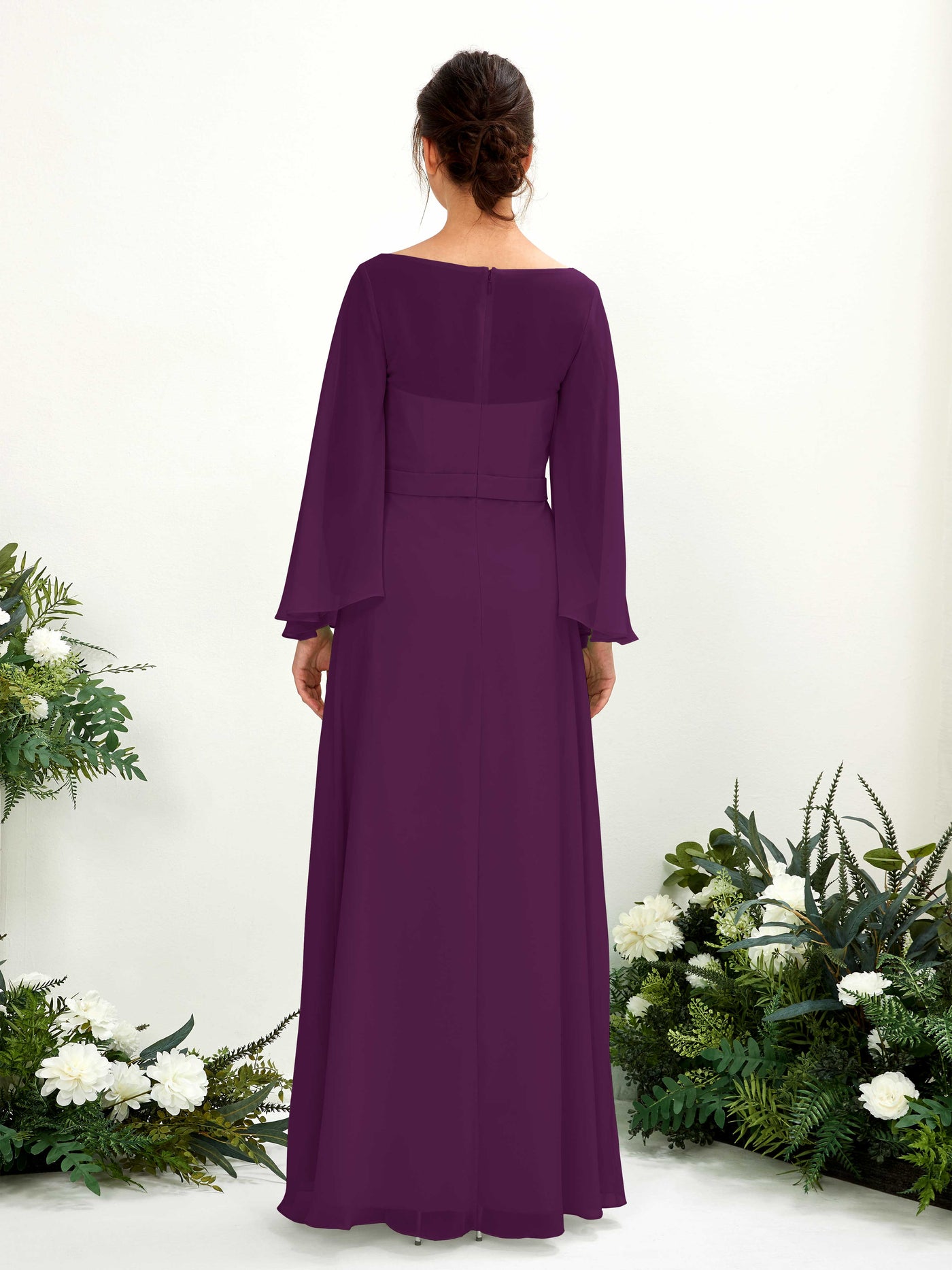 Bateau Illusion Long Sleeves Chiffon Bridesmaid Dress - Grape (81220531)#color_grape