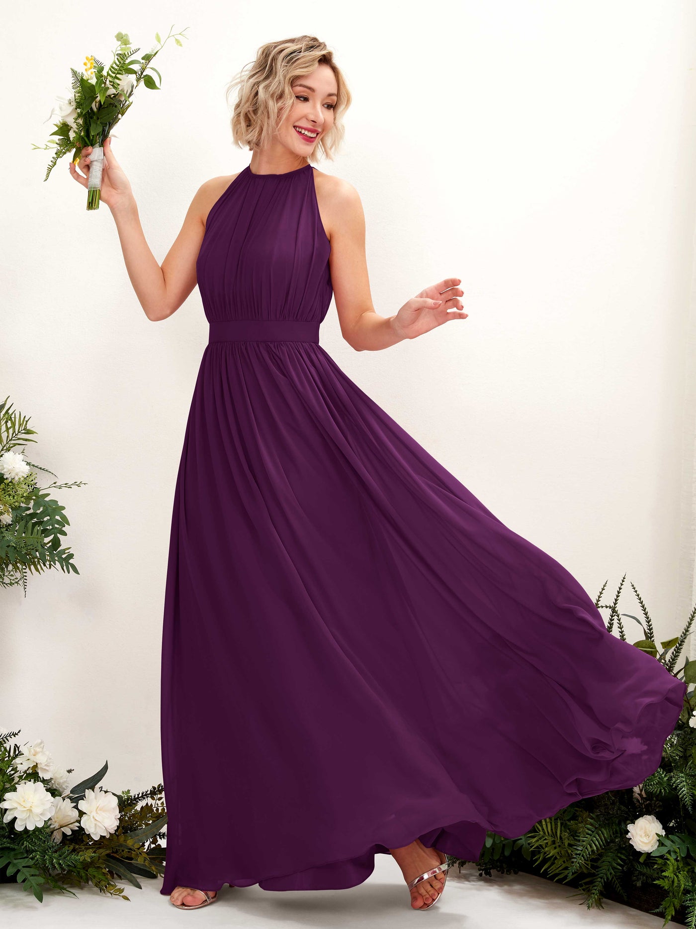 Halter Sleeveless Chiffon Bridesmaid Dress - Grape (81223131)#color_grape