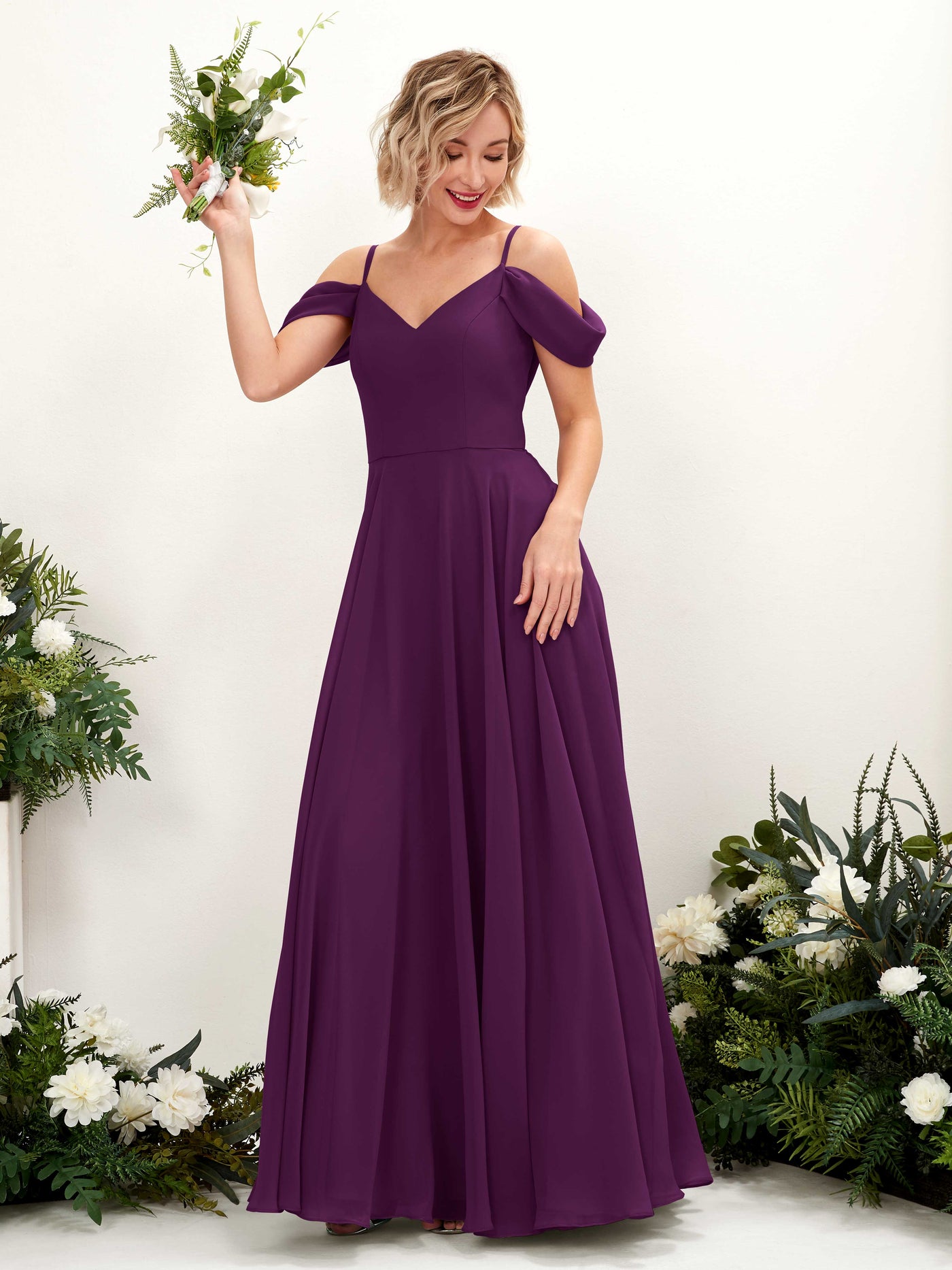 Off Shoulder Straps V-neck Sleeveless Chiffon Bridesmaid Dress - Grape (81224931)#color_grape