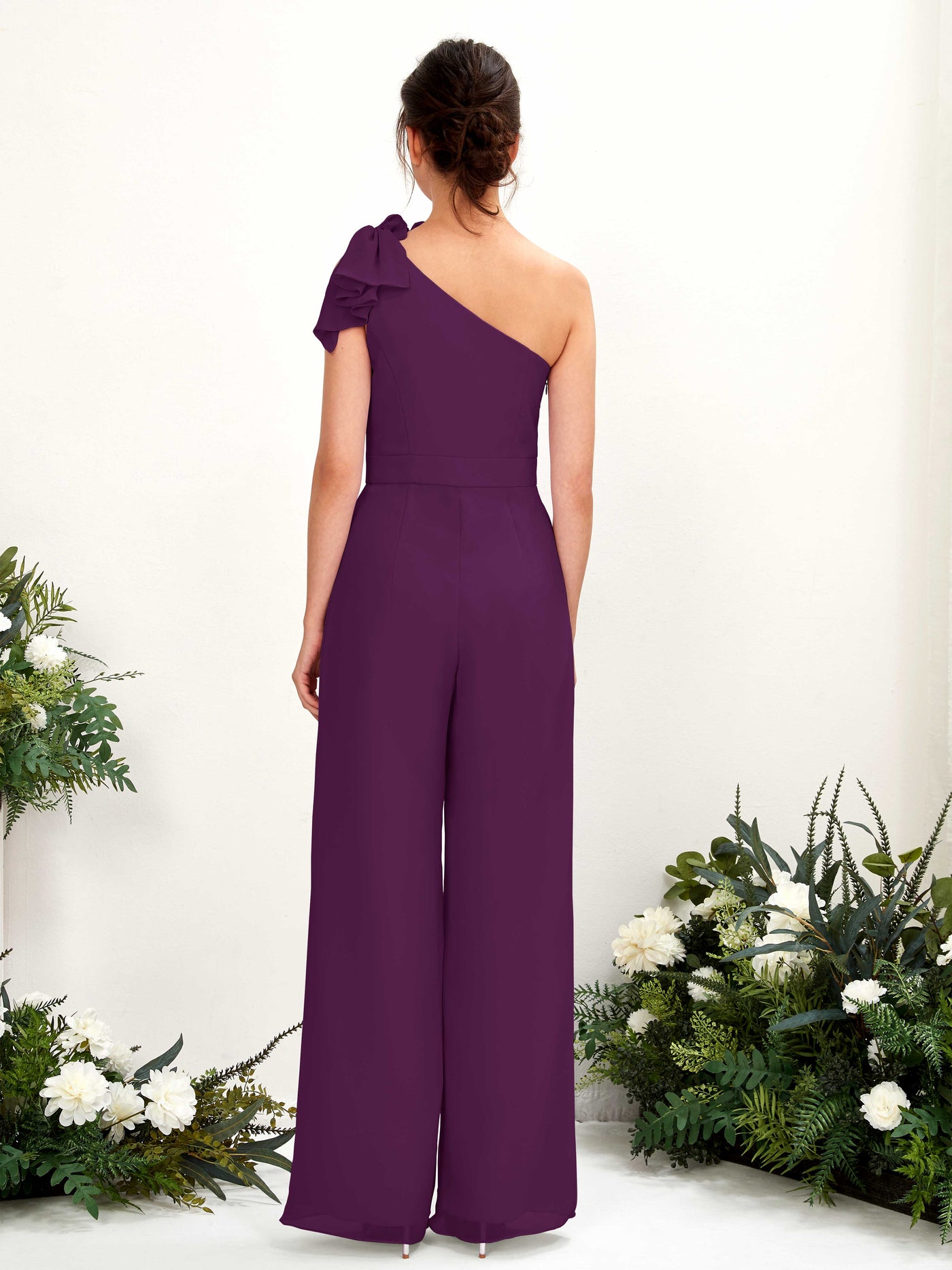 One Shoulder Sleeveless Chiffon Bridesmaid Wide-Leg Jumpsuit - Grape (81220831)#color_grape