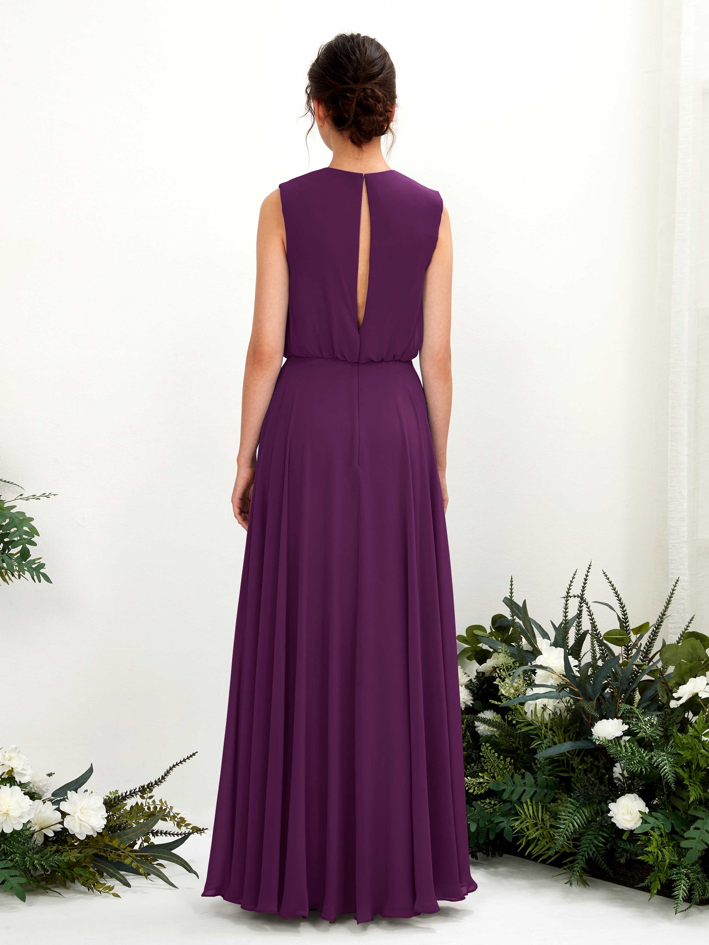 Round Sleeveless Chiffon Bridesmaid Dress - Grape (81222831)#color_grape