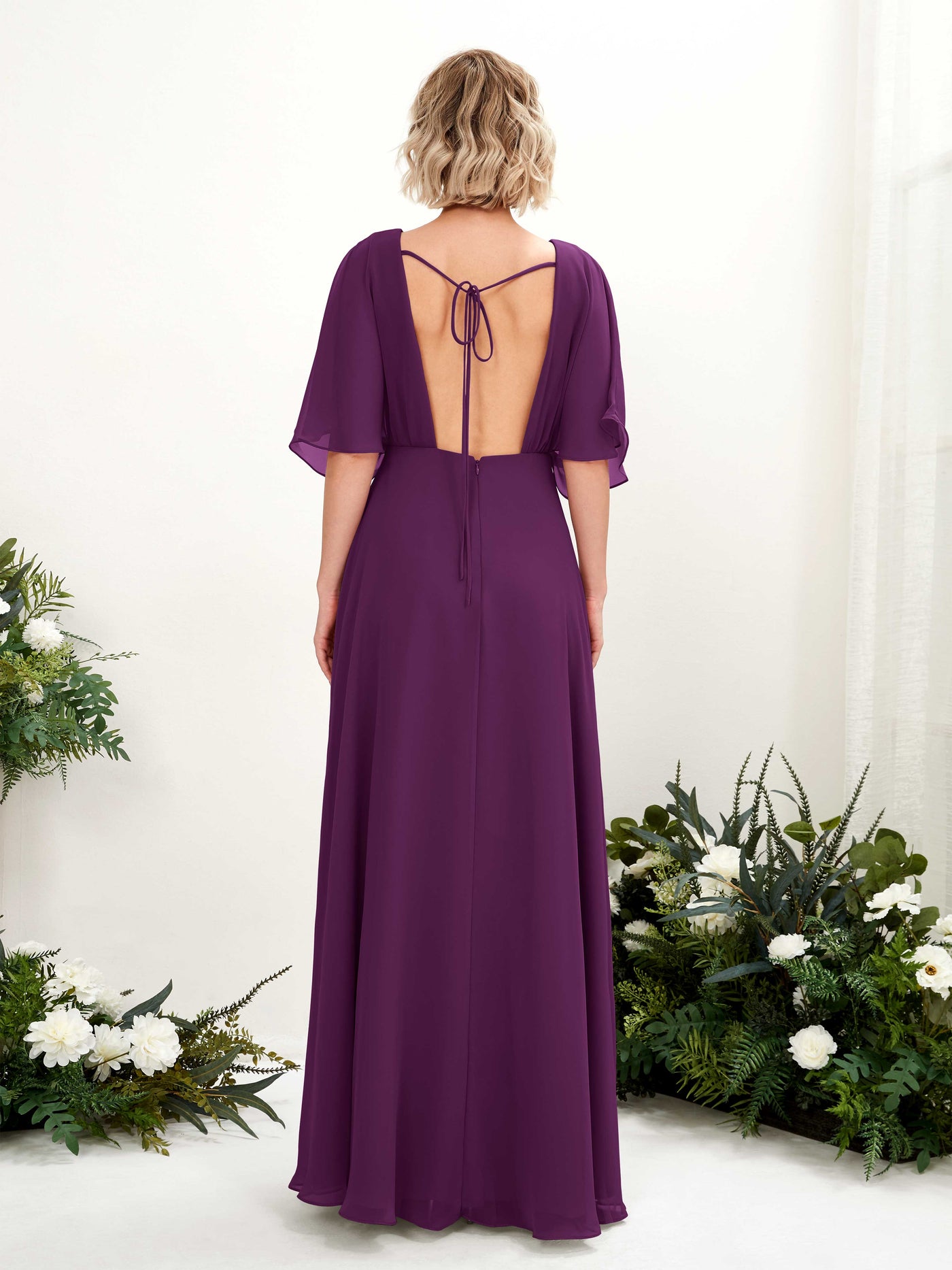 V-neck 1/2 Sleeves Chiffon Bridesmaid Dress - Grape (81225131)#color_grape