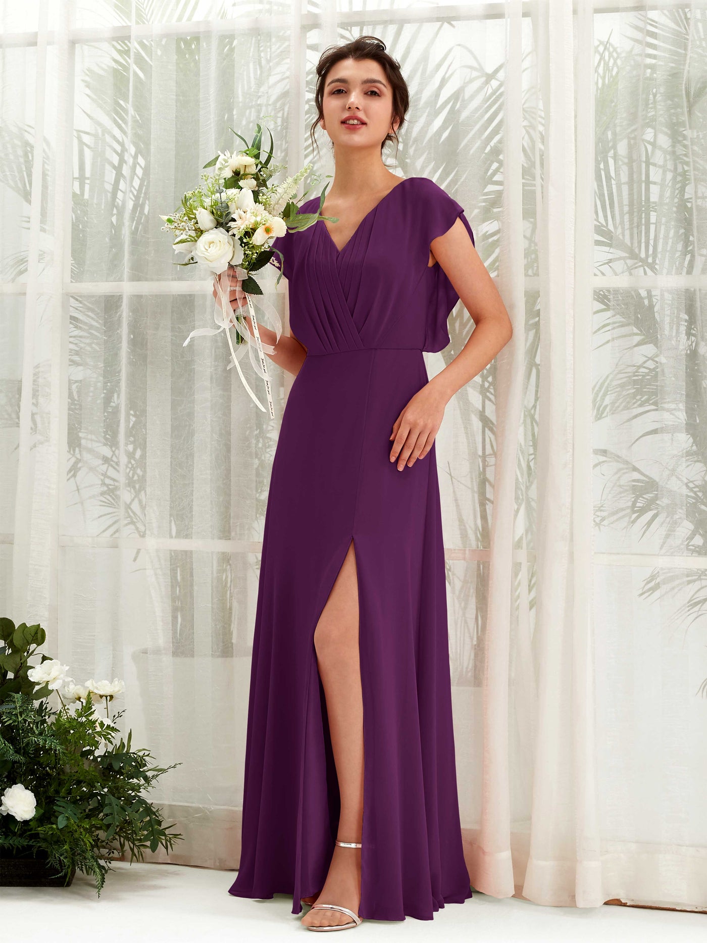 V-neck Cap Sleeves Bridesmaid Dress - Grape (81225631)#color_grape