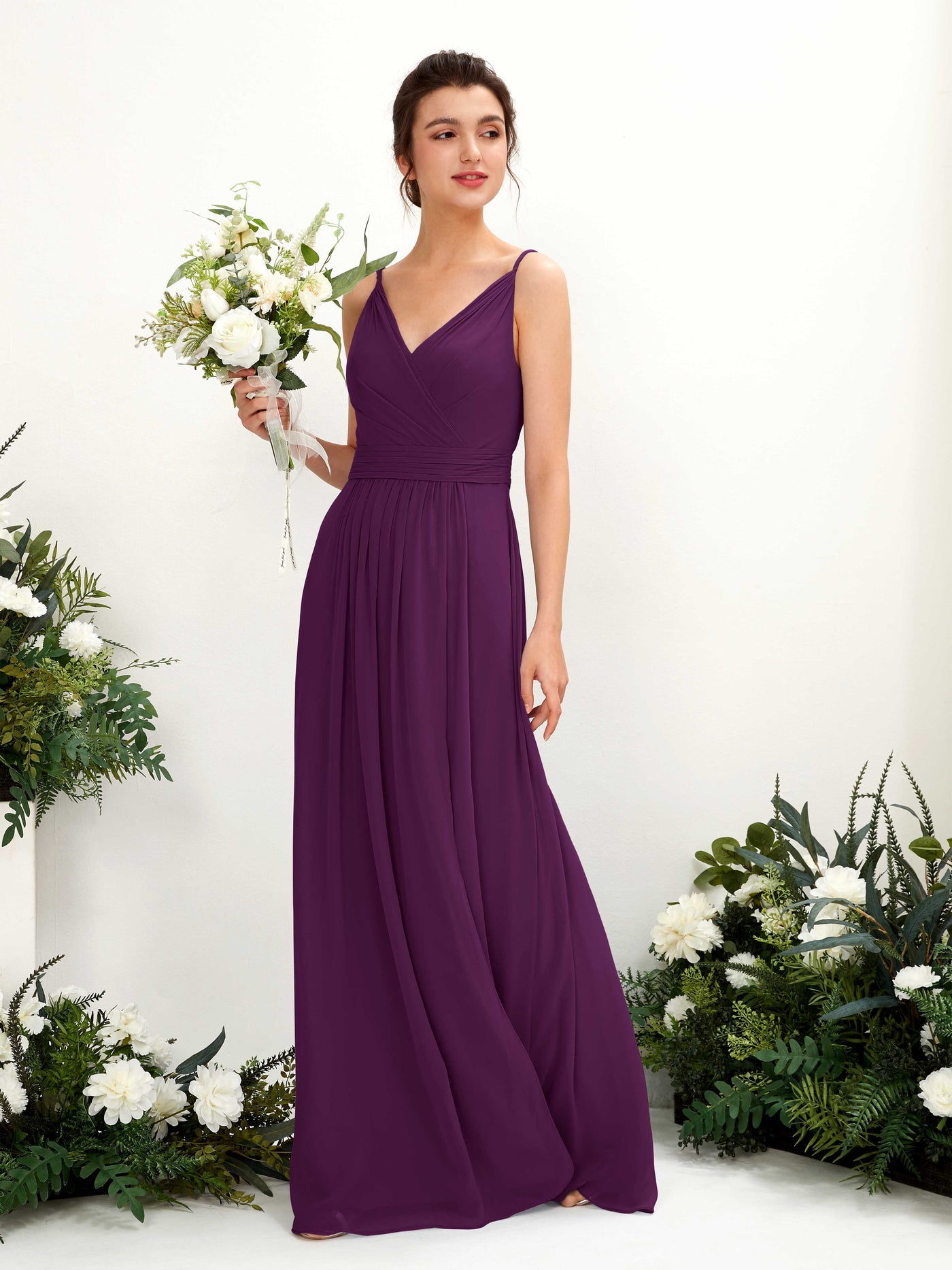 Spaghetti-straps V-neck Sleeveless Bridesmaid Dress - Grape (81223931)#color_grape