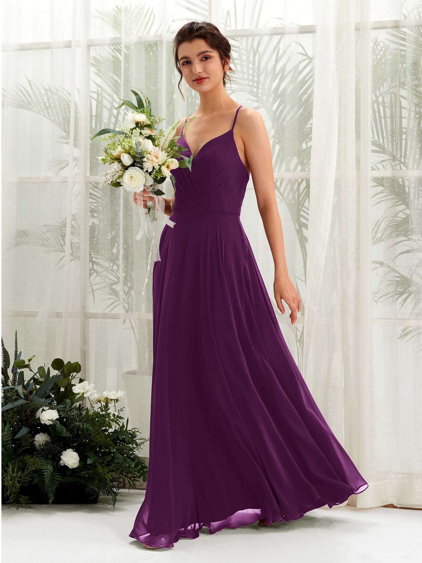 Spaghetti-straps V-neck Sleeveless Bridesmaid Dress - Grape (81224231)#color_grape