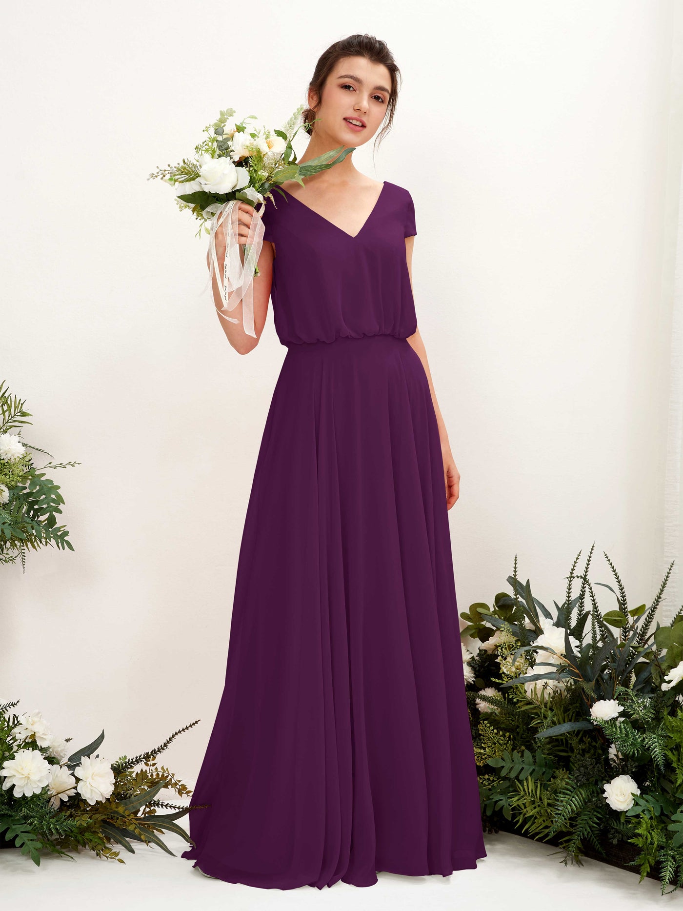 V-neck Cap Sleeves Chiffon Bridesmaid Dress - Grape (81221831)#color_grape