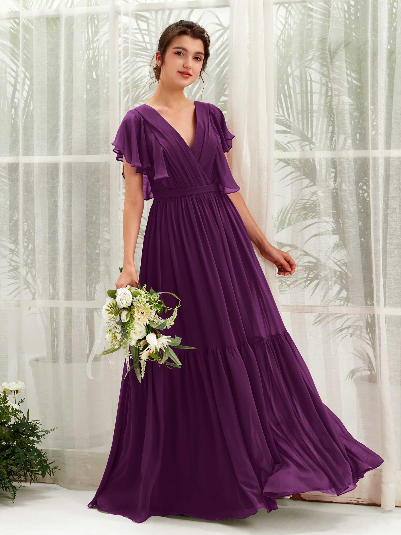 V-neck Cap Sleeves Chiffon Bridesmaid Dress - Grape (81225931)#color_grape
