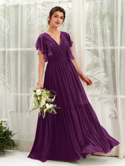Carlyna Chaya A-Line Grape Bridesmaid Dress Maxi Cap Sleeve V-Neck Dress Front View #color_grape