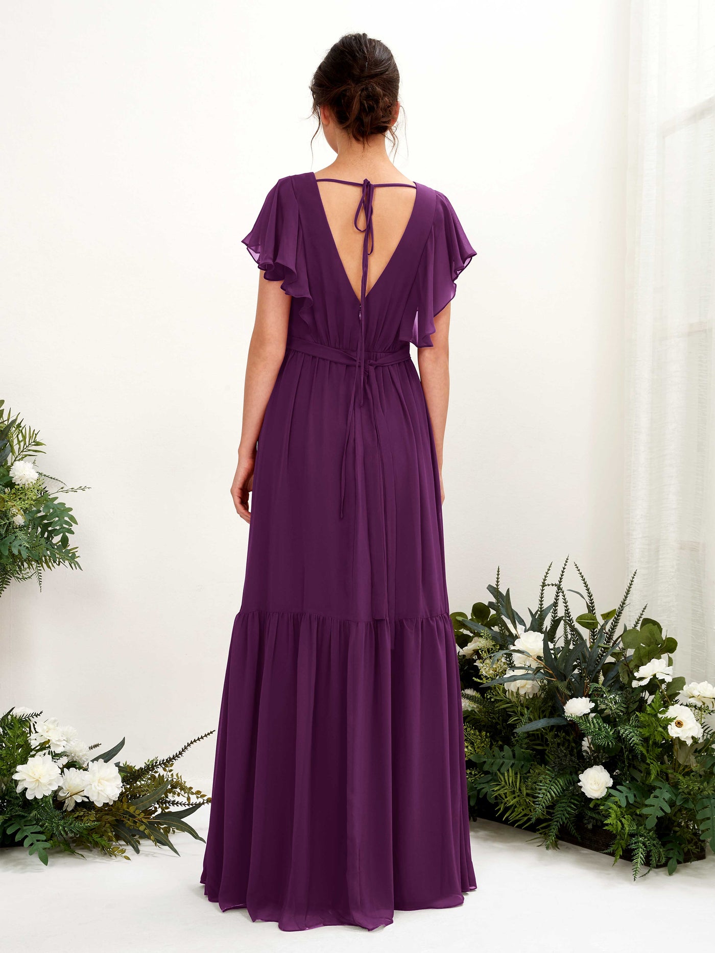 V-neck Cap Sleeves Chiffon Bridesmaid Dress - Grape (81225931)#color_grape