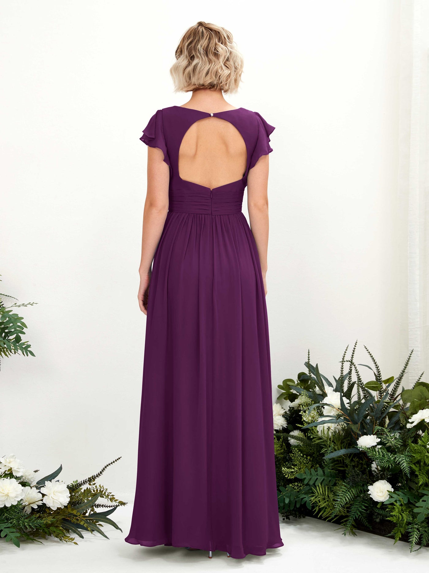 V-neck Short Sleeves Chiffon Bridesmaid Dress - Grape (81222731)#color_grape