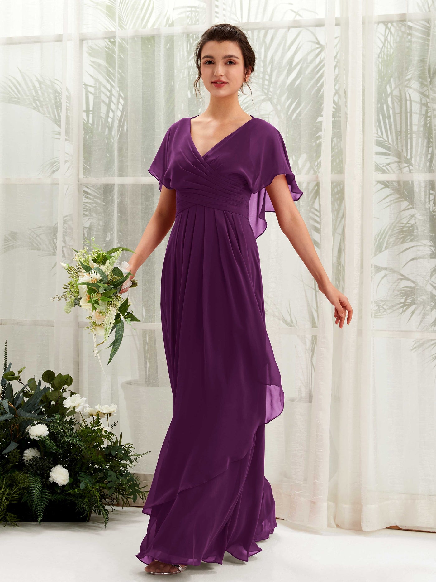 V-neck Short Sleeves Chiffon Bridesmaid Dress - Grape (81226131)#color_grape