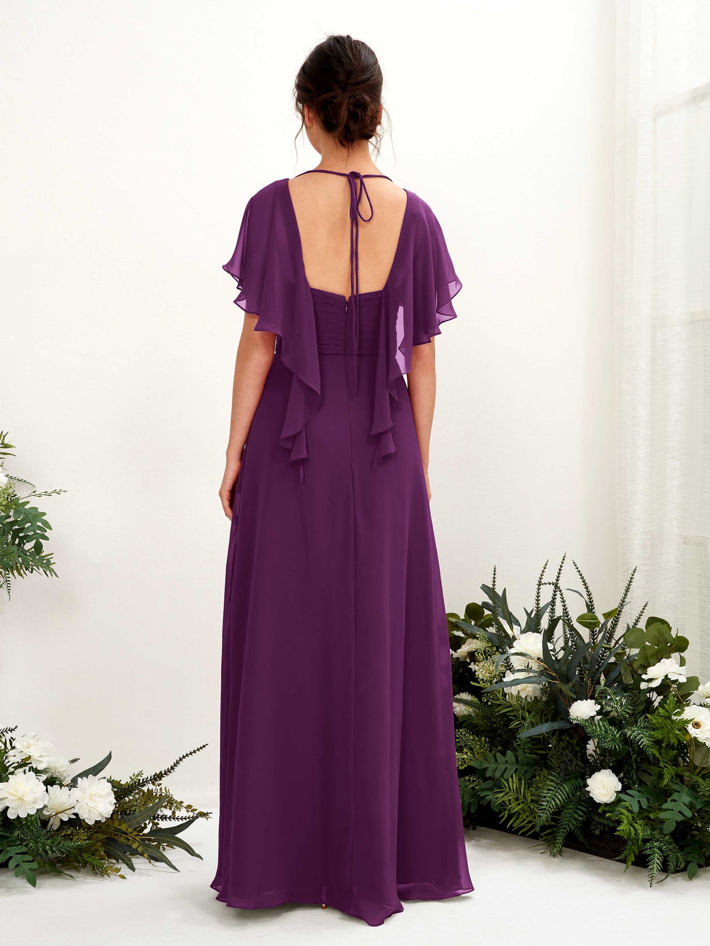 V-neck Short Sleeves Chiffon Bridesmaid Dress - Grape (81226131)#color_grape