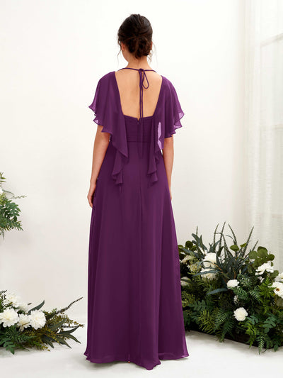 Carlyna Darlene A-Line Grape Bridesmaid Dress Maxi Short Sleeve V-Neck Dress Back View #color_grape