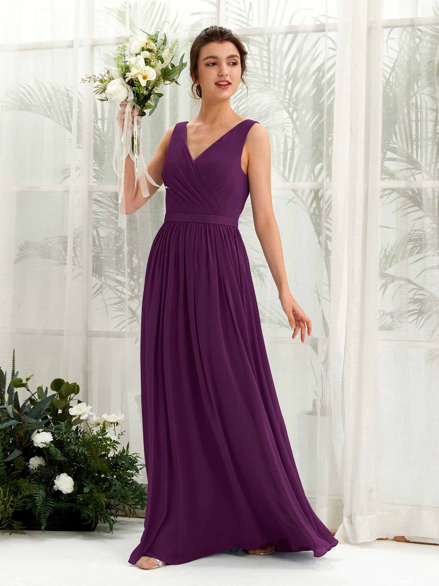 V-neck Sleeveless Chiffon Bridesmaid Dress - Grape (81223631)#color_grape