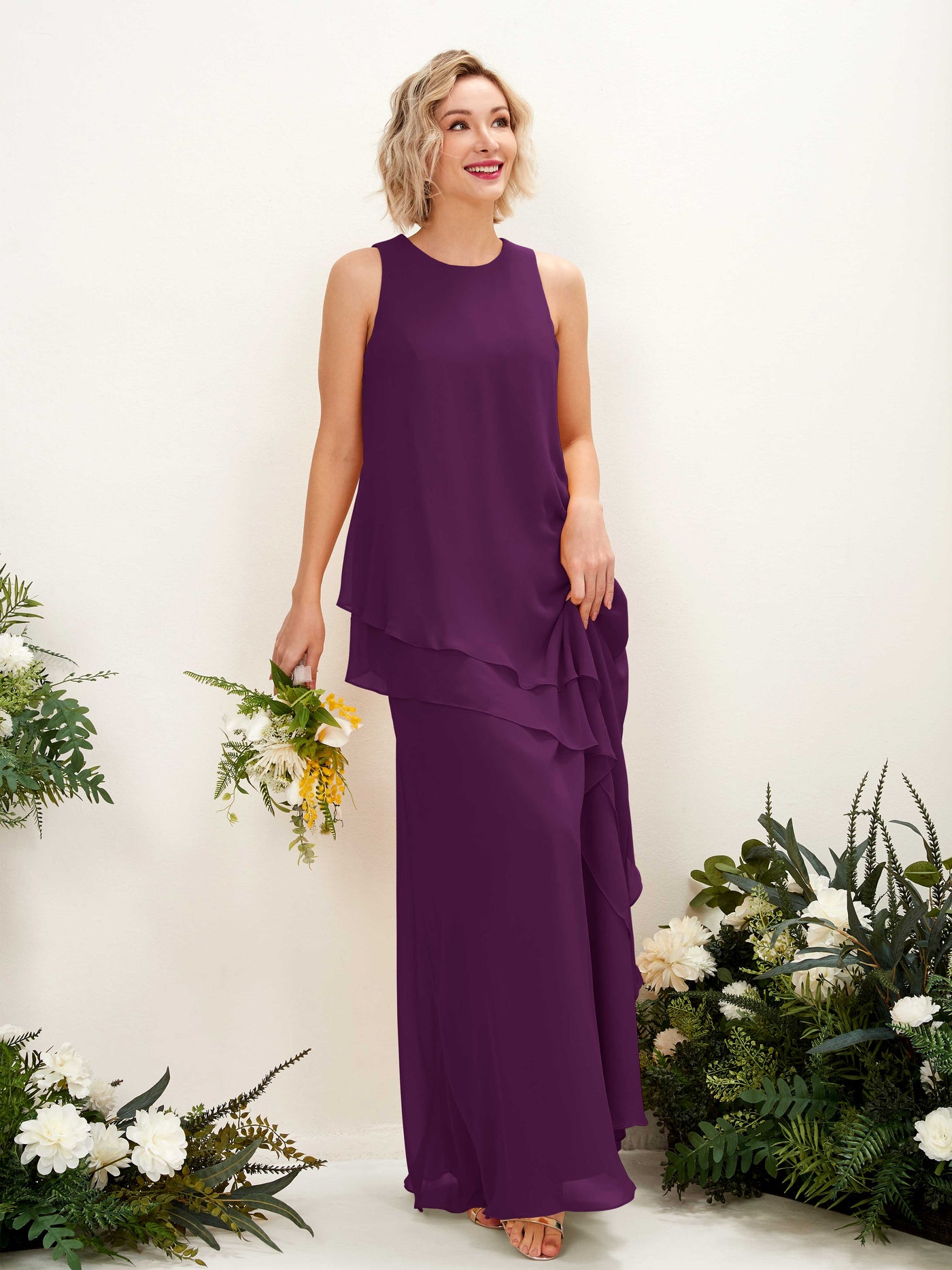 Round Sleeveless Chiffon Bridesmaid Dress - Grape (81222331)#color_grape