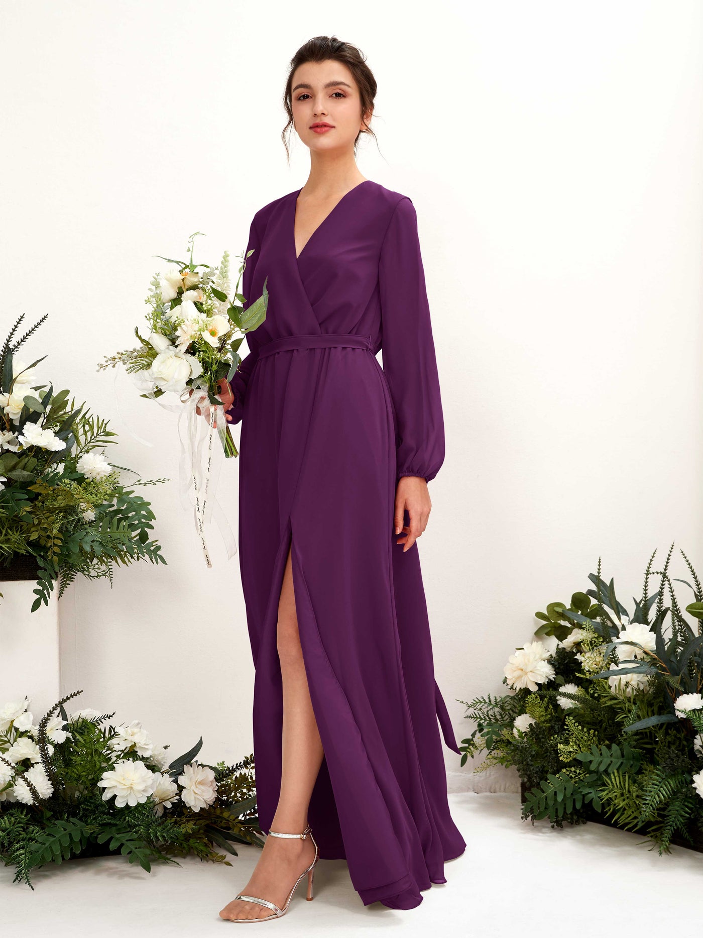 V-neck Long Sleeves Chiffon Bridesmaid Dress - Grape (81223231)#color_grape