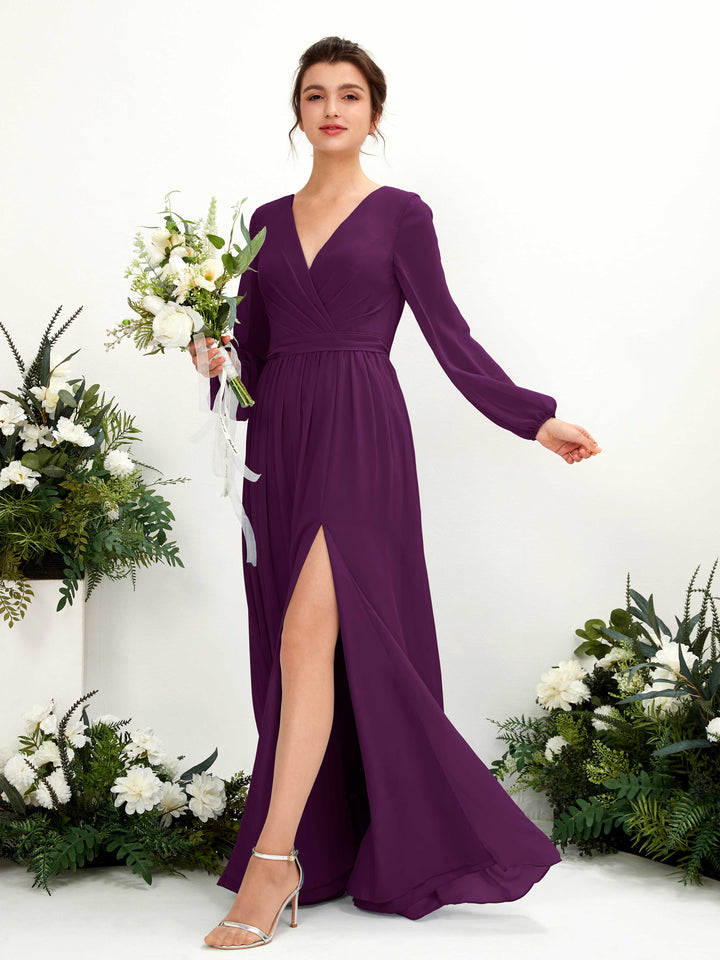 V-neck Long Sleeves Chiffon Bridesmaid Dress - Grape (81223831)