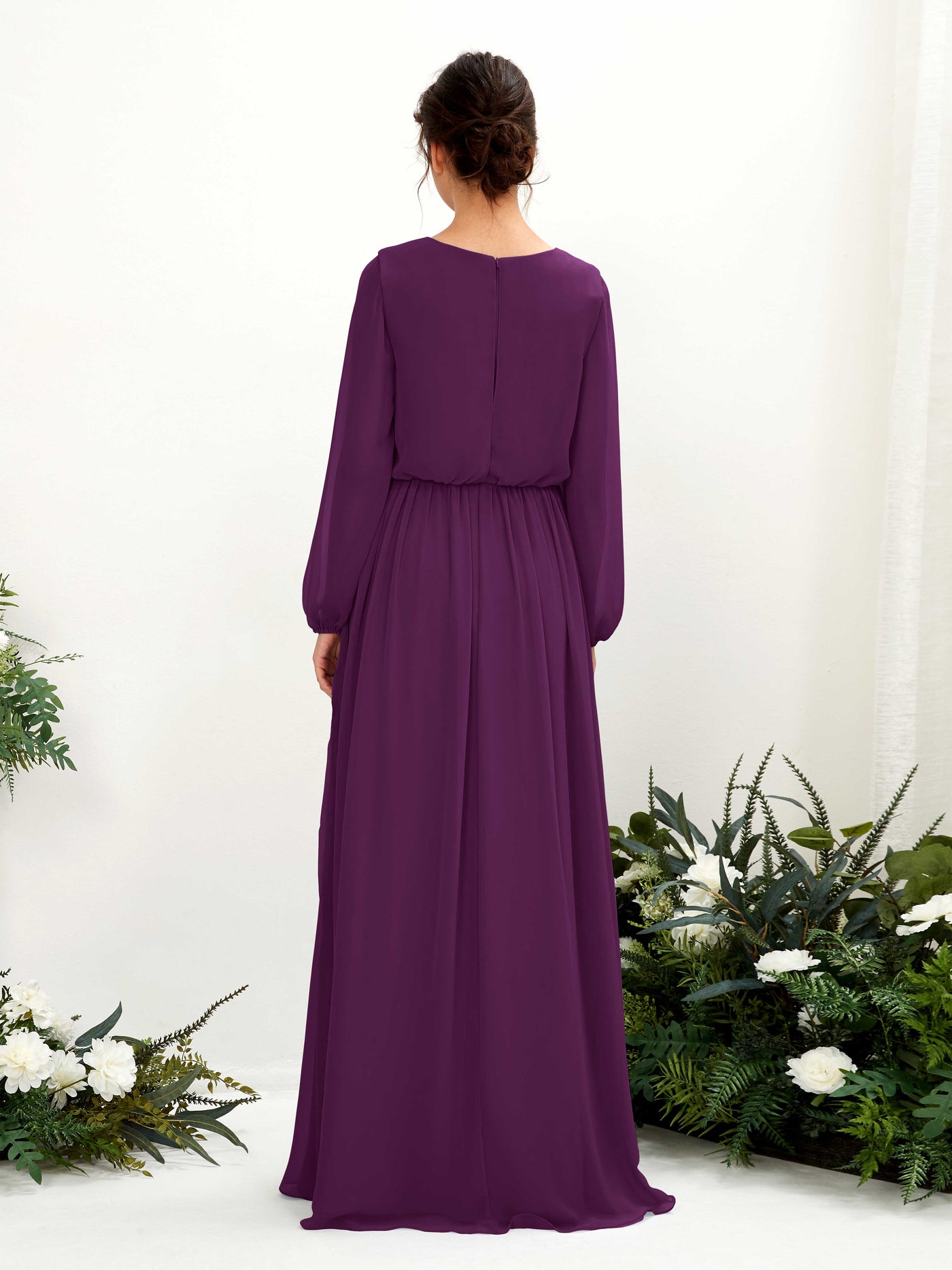 V-neck Long Sleeves Chiffon Bridesmaid Dress - Grape (81223831)#color_grape