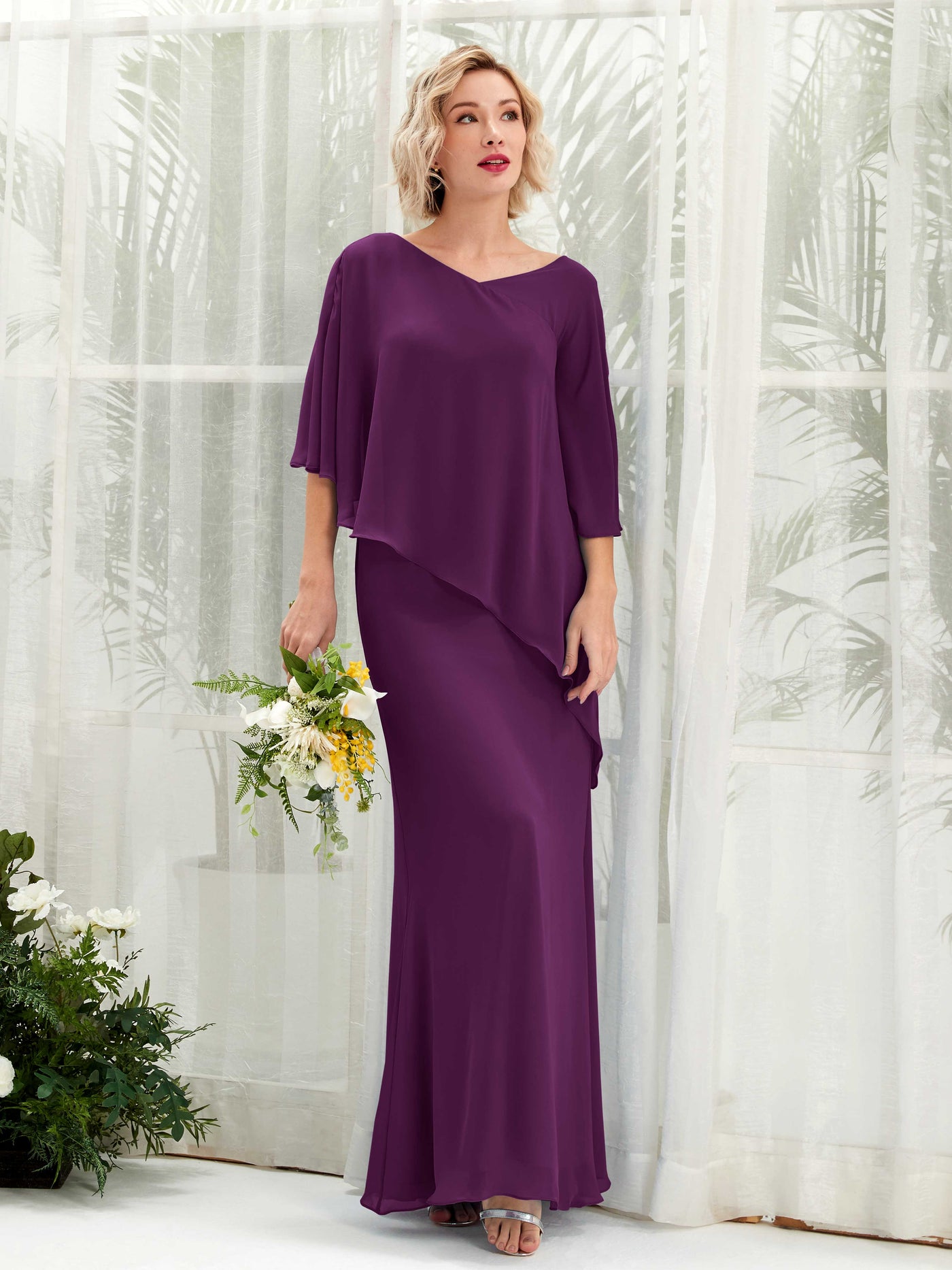 V-neck 3/4 Sleeves Chiffon Bridesmaid Dress - Grape (81222531)#color_grape