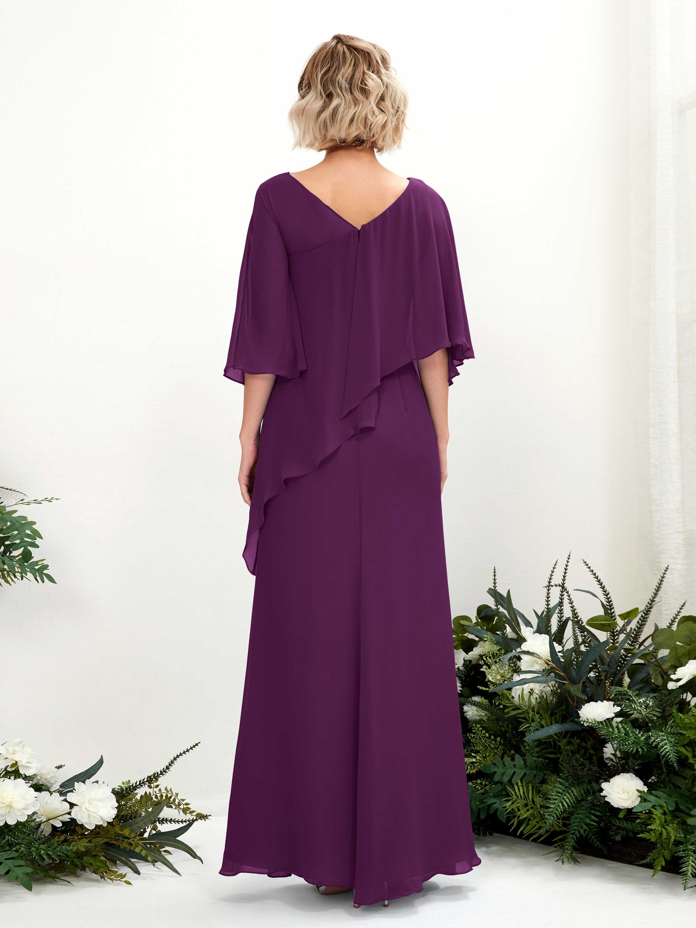 V-neck 3/4 Sleeves Chiffon Bridesmaid Dress - Grape (81222531)#color_grape