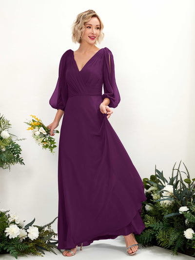 Carlyna Antonia A-Line Grape Bridesmaid Dress Maxi Three Quarter Sleeve V-Neck Dress Front View #color_grape