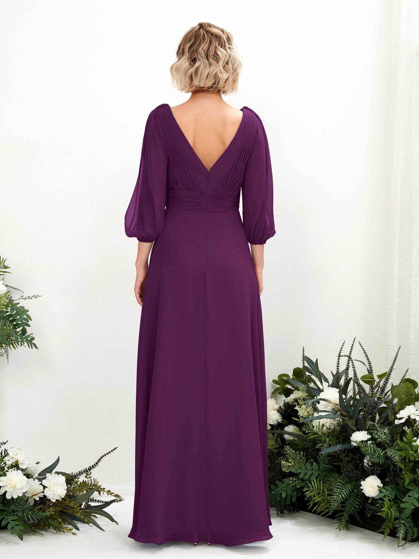 V-neck 3/4 Sleeves Chiffon Bridesmaid Dress - Grape (81223531)#color_grape