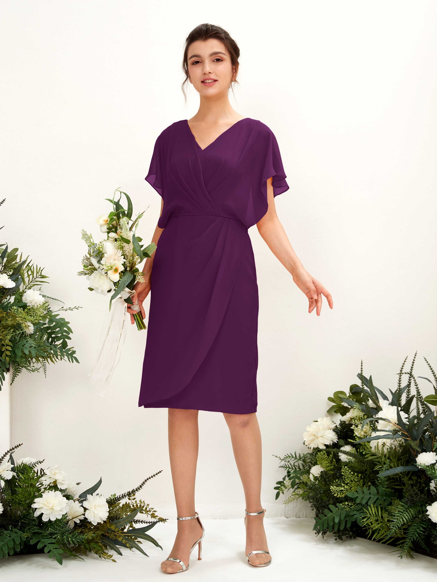V-neck Short Sleeves Chiffon Bridesmaid Dress - Grape (81222231)#color_grape